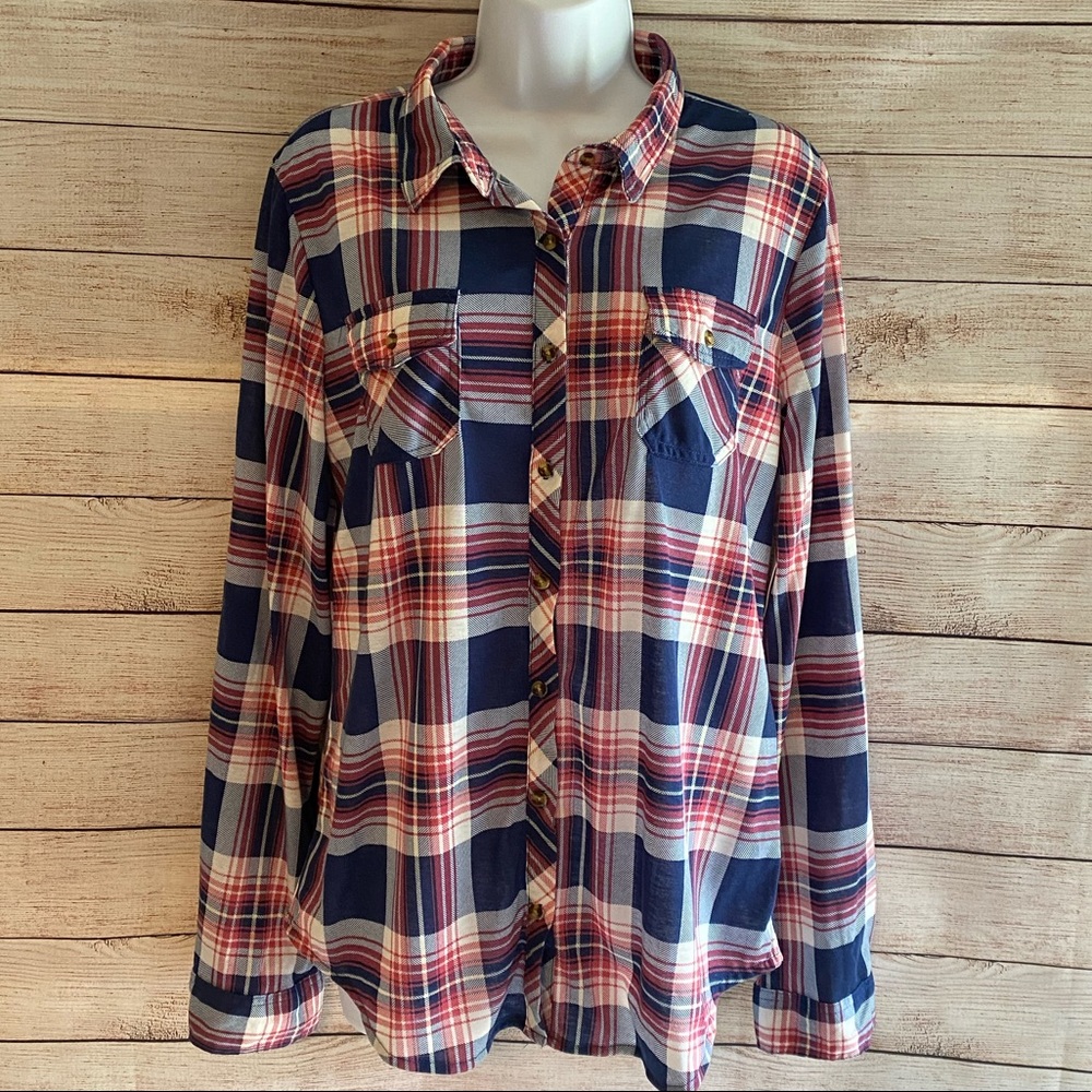 Passport Brand New Red, Navy & White Plaid Long Sleeve top, Size XL